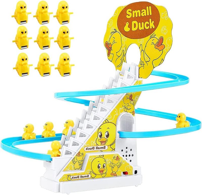 Photo 1 of Small Ducks Climbing Toys,Electric Duck Climbing Stairs Tracks Slide Toy Set,Duck Roller Coaster Toy with Flashing Lights & Music On/Off Button
