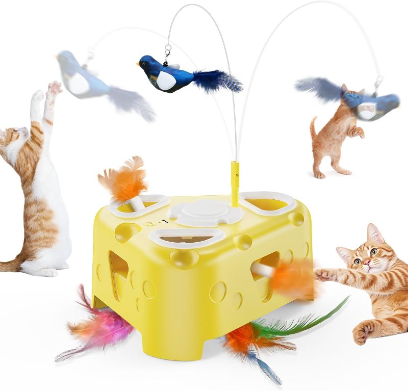 Photo 1 of Interactive Cat Toy for Indoor Cats, Enrichment Stimulation Kitten Toys,Flying Bird,6 Holes Mole,Rotating Feather, USB Rechargeable Electronic Interactive Feather Toy for Bored Adult & Kitten Cats