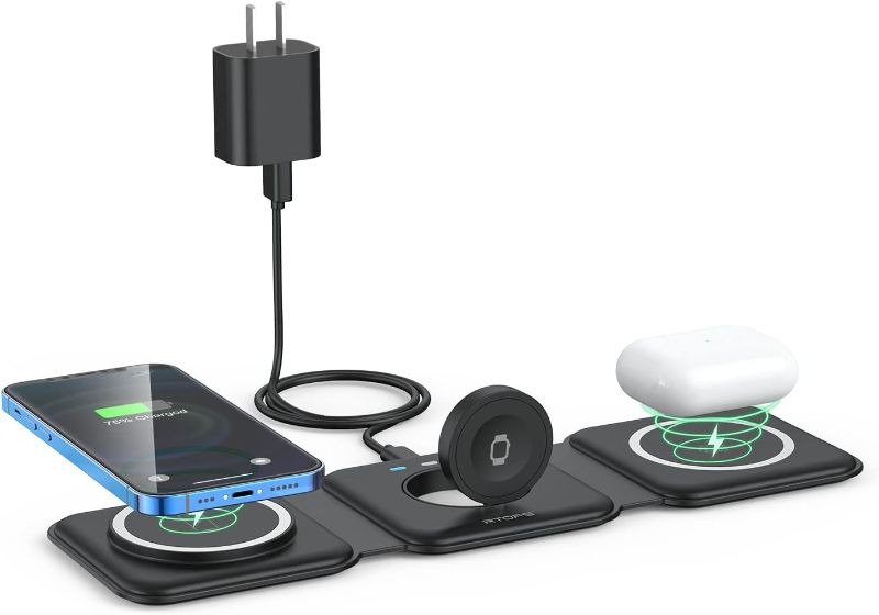 Photo 1 of Wireless Charger 3 in 1,RTOPS Magnetic Travel Wireless Charging Station Multiple Devices,GaN 3 in 1 Charging Station,Compatible for iPhone16/15/14/13/Pro/Max,iWatch,AirPods4/3/2/Pro(Adapter Includes)