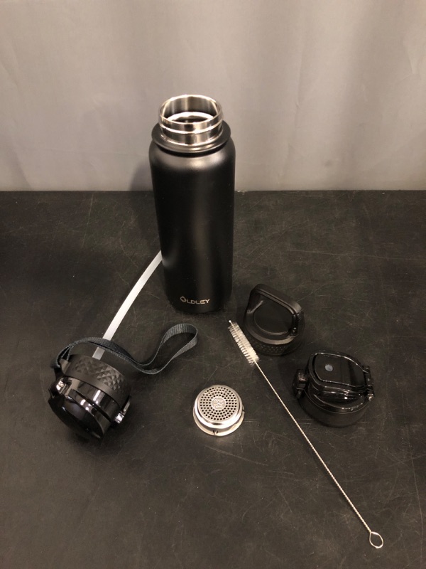 Photo 1 of Oldley Insulated Water Bottle 32oz Water Bottles with Straw, Stainless Steel Water Bottle with 3 Lids, Double Wall Vacuum Bottles for Adult,Sports Bottles for School Travel, Black
