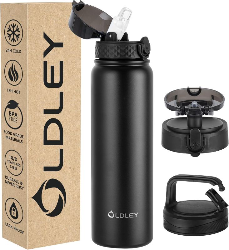Photo 1 of Oldley Insulated Water Bottle 32oz Water Bottles with Straw, Stainless Steel Water Bottle with 3 Lids, Double Wall Vacuum Bottles for Adult,Sports Bottles for School Travel, Black
