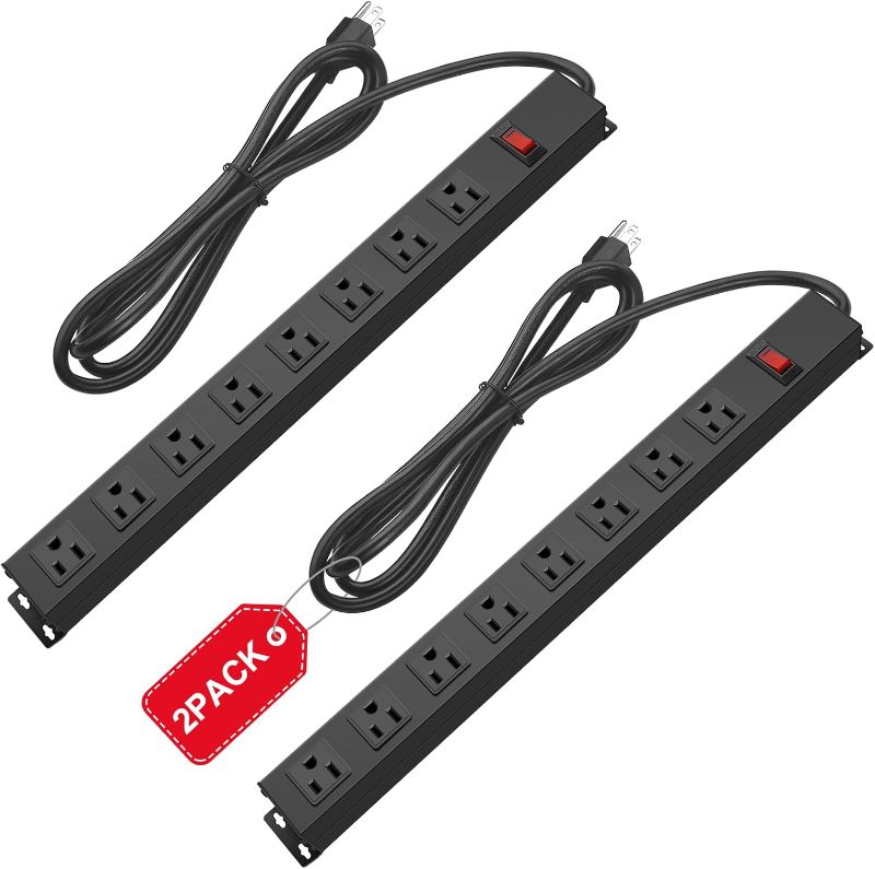Photo 1 of 2Pack Metal 8 Outlet Mountable Power Strip, Wall Mount Outlet Heavy Duty, Wide Spaced Commercial Shop Power Strip with Switch, 6 FT SJT 14AWG Power Cord.