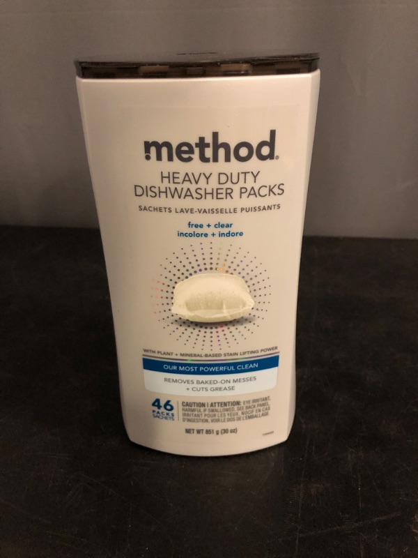 Photo 1 of Method Dishwasher Detergent Packs, Heavy Duty, Fragrance Free + Clear, Dishwashing Rinse Aid to Lift Tough Grease and Stains, 46 Dishwasher Tabs per Package