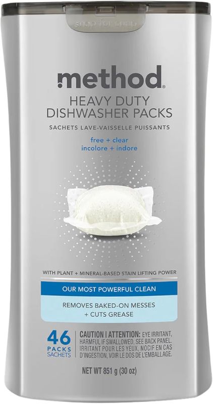 Photo 1 of Method Dishwasher Detergent Packs, Heavy Duty, Fragrance Free + Clear, Dishwashing Rinse Aid to Lift Tough Grease and Stains, 46 Dishwasher Tabs per Package