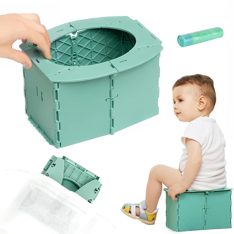 Photo 1 of Portable Potty Seat for Toddler Foldable Travel Potty Training Toilet Seat with Cleaning Bags Reusable for Outdoor Camping, Travel, Kids Toddler Travel Potty Seat (Green)