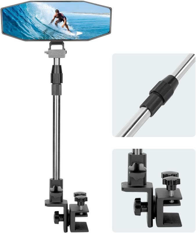 Photo 1 of KEMIMOTO Boat Rear View Mirror with Telescoping Pole, 10.5“ x 4” 360° Adjustable Marine Mirror for Pontoon, Ski Boats Water Skiing