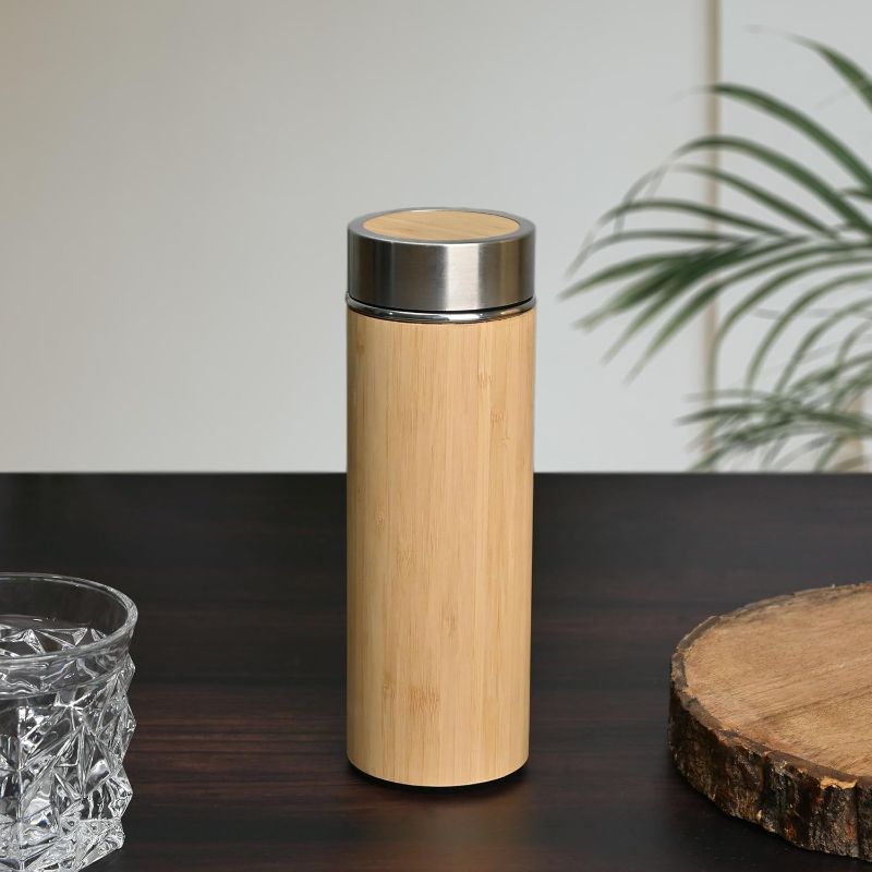 Photo 1 of GKD Stainless Steel Insulated 450ml (15oz) Water Bottle, Wooden Thermos with Tea Strainer, Double Wall Wood Flask for Hot & Cold Drinks, Leak?Proof Tea/Coffee Tumbler for Home, Gym, Office