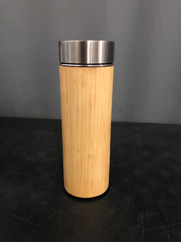 Photo 1 of GKD Stainless Steel Insulated 450ml (15oz) Water Bottle, Wooden Thermos with Tea Strainer, Double Wall Wood Flask for Hot & Cold Drinks, Leak?Proof Tea/Coffee Tumbler for Home, Gym, Office