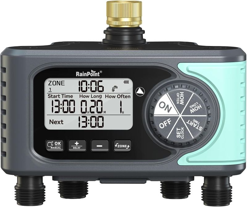 Photo 1 of RAINPOINT Sprinkler Timer, 4 Outlets Hose Timer with Brass Inlet with Rain Delay/Manual/Automatic Controller System, Programmable Digital for Lawn Yard, 4 Zone