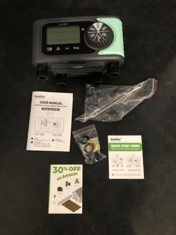 Photo 1 of RAINPOINT Sprinkler Timer, 4 Outlets Hose Timer with Brass Inlet with Rain Delay/Manual/Automatic Controller System, Programmable Digital for Lawn Yard, 4 Zone