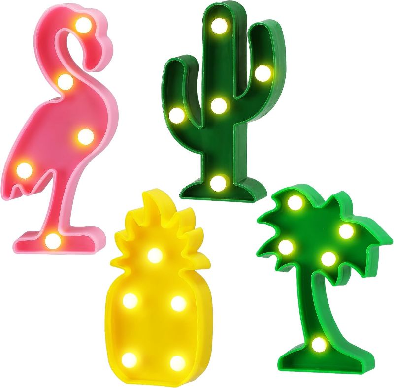 Photo 1 of Cute Hawaiian Party Decoration Lights - Mini LED Flamingo Pineapple Palm Tree Cacti Signs, Summer Tropical-themed Birthday Party Table Centerpieces Lamps Decor