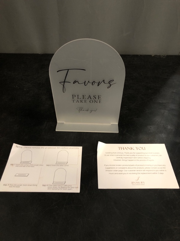 Photo 1 of Acrylic Favors Sign with Stand-5"x7" White Arch Wedding Sign and Base,1/8" Thick | Modern Calligraphy Black Lettering Acrylic Table Sign for Wedding & Party