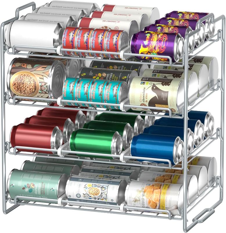 Photo 1 of 4 Tiers Stackable Can Rack Organizer, Wear-resistant Upgrade Beverage Food Can Dispenser Holder Holds up to 48 Cans for Kitchen Cabinet and Pantry (Silver)