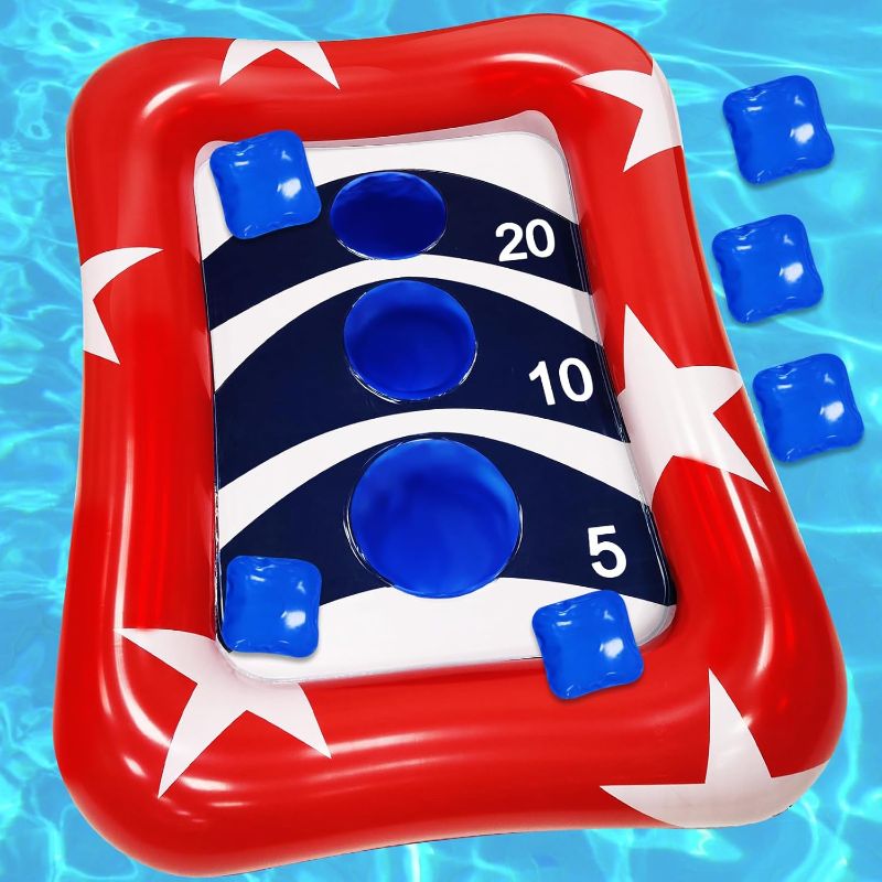 Photo 1 of American Flag Pool Toys, 36" Inflatable Cornhole Set Ring Toss Games for Kids Adults with Red White and Blue Stars for Summer Pool Party Supplies Luau Hawaiian Beach Toy