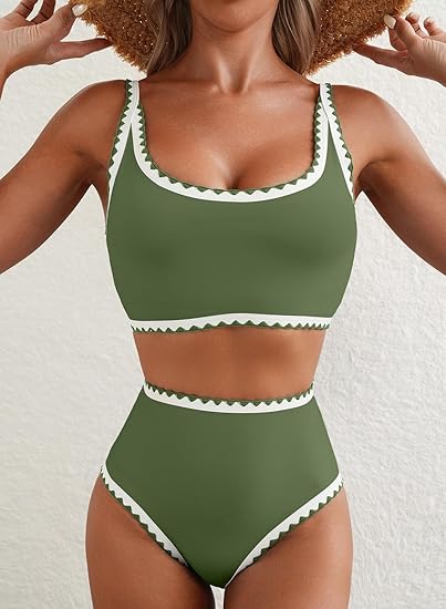 Photo 1 of (Size M) Herseas Women's Bikini Sets Floral Print Whip Stitch 2 Piece Swimsuits High Waisted Scoop Bathing Suits