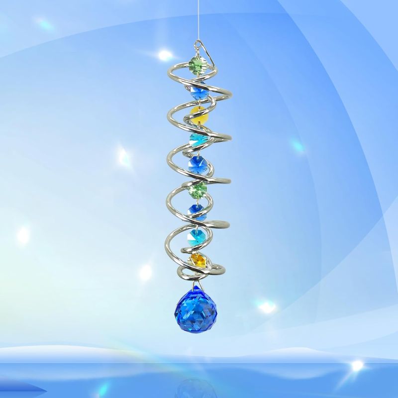 Photo 1 of FONMY Gazing Ball Spiral Tail -Decorative Wind Spinner Sun Catcher Rainbow Maker Double-Spiral W/Sea Blue Crystal Ball and Chain Crystals for Indoor Outdoor Garden Decoration -14 inch Height
