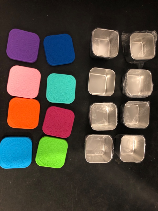 Photo 1 of Set of 8 Stainless Steel Snack Containers for Kids and Toddler;Snackle Box Container;Leak Proof Stackable Small Metal Food Containers with Silicone Lids
