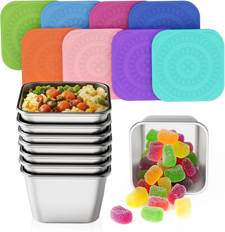 Photo 1 of Set of 8 Stainless Steel Snack Containers for Kids and Toddler;Snackle Box Container;Leak Proof Stackable Small Metal Food Containers with Silicone Lids
