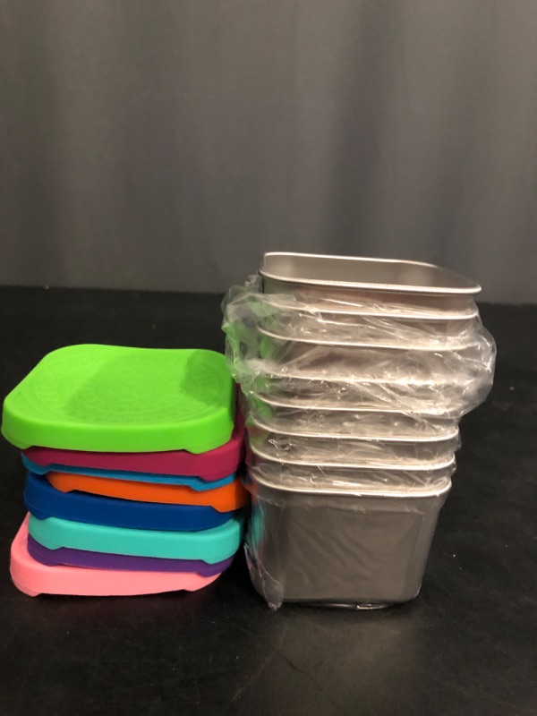 Photo 1 of Set of 8 Stainless Steel Snack Containers for Kids and Toddler;Snackle Box Container;Leak Proof Stackable Small Metal Food Containers with Silicone Lids

