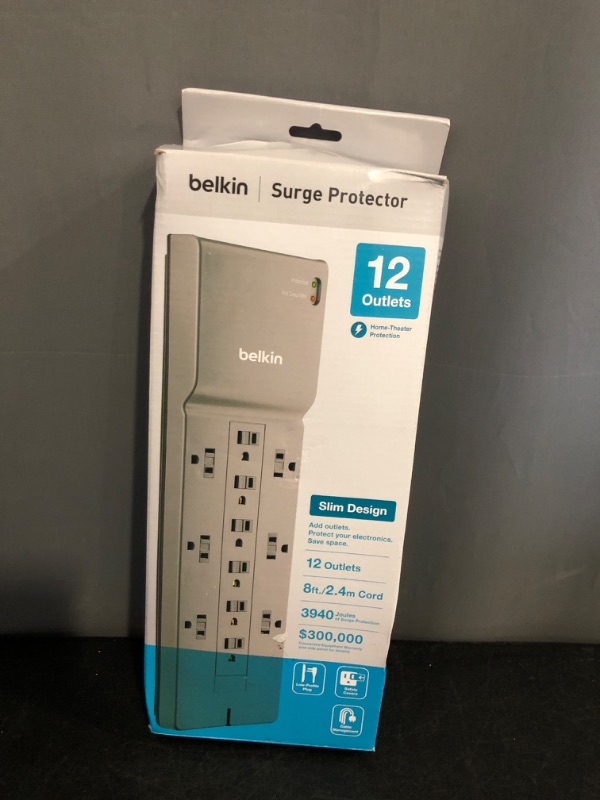 Photo 1 of Belkin 12-Outlet Surge Protector Power Strip w/ 12 AC Outlets & 8ft Flat Plug, UL-listed Heavy-Duty Extension Cord for Home, Office, Travel, Computer, Laptop, Charger - 3,940 Joules of Protection