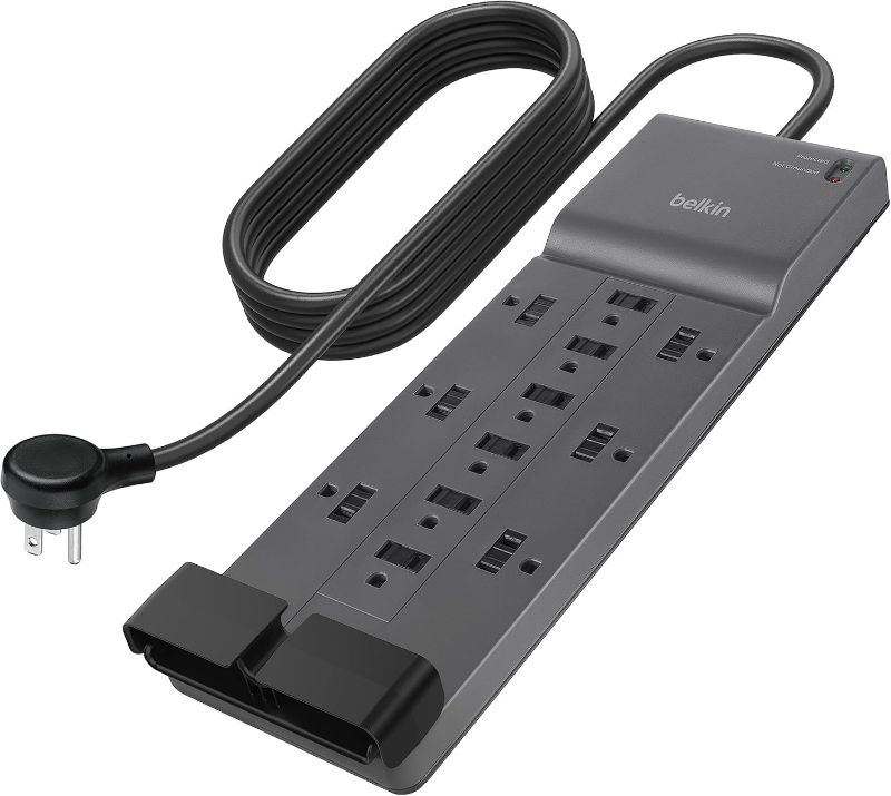 Photo 1 of Belkin 12-Outlet Surge Protector Power Strip w/ 12 AC Outlets & 8ft Flat Plug, UL-listed Heavy-Duty Extension Cord for Home, Office, Travel, Computer, Laptop, Charger - 3,940 Joules of Protection