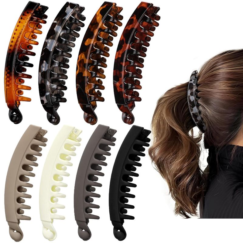 Photo 1 of 8PCS Banana Hair Clips for Women, Cute and Stylish French Hair Claw Clips, Tortoise & Solid Color Ponytail Holder Hair Accessories for Thin/Thick Hair, All Day Hold
