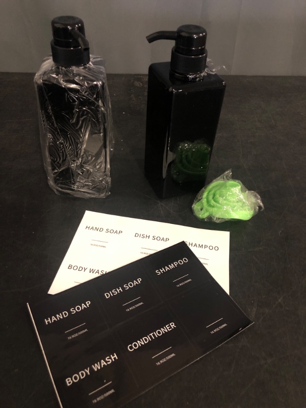 Photo 1 of Black Soap Dispenser with Waterproof Labels, Thickened Plastic Hand Soap Dispenser for Bathroom, Kitchen Dish Washing Liquid Bottles, Shampoo and Conditioner Bottles with Funnel (16oz 2Pack Black)

