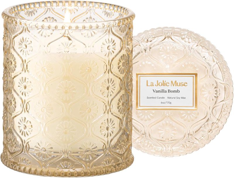 Photo 1 of LA JOLIE MUSE Vanilla Bomb Candle –Vanilla, Lemon Zest & Patchouli Scented | 6 oz Natural Soy Wax | 40 Hours Clean Burn | Gift-Ready for Hosts, Gatherings | Elegant Home Décor
