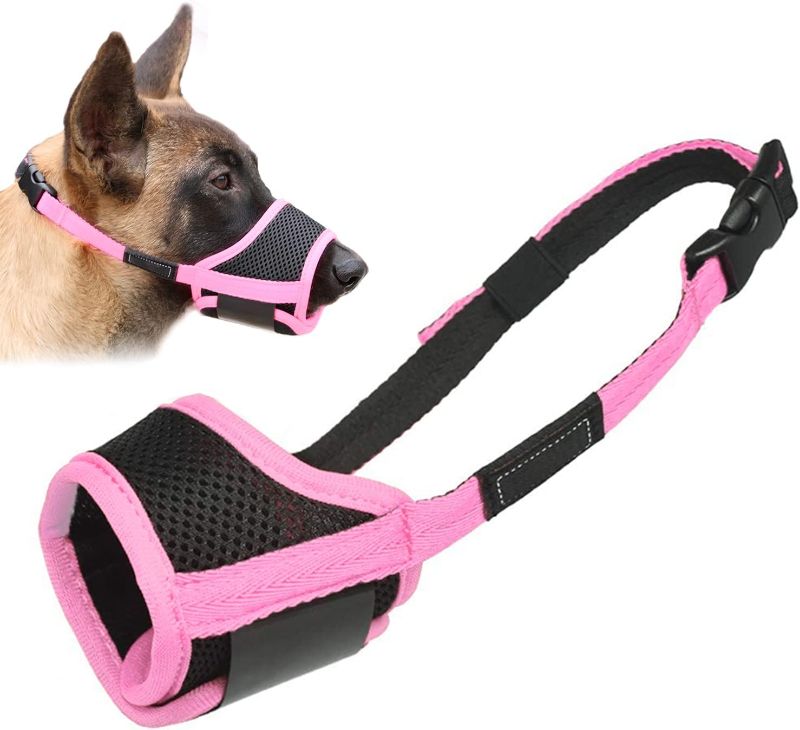 Photo 1 of LUCKYPAW Dog Muzzle Anti Biting Barking and Chewing with Comfortable Mesh Soft Fabric and Adjustable Strap, Suitable for Small, Medium and Large Dogs(Pink Trim,L)

