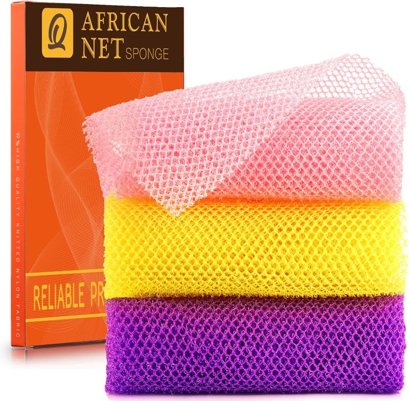 Photo 1 of UJFQBH 3 Pieces African Bath Sponge African Net Long Net Bath Sponge Exfoliating Shower Body Scrubber Back Scrubber Skin Smoother,Great for Daily Use (Pink,Yellow,Purple)

