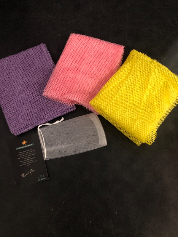 Photo 1 of UJFQBH 3 Pieces African Bath Sponge African Net Long Net Bath Sponge Exfoliating Shower Body Scrubber Back Scrubber Skin Smoother,Great for Daily Use (Pink,Yellow,Purple)
