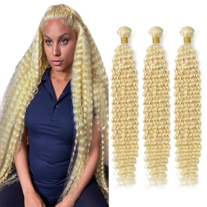 Photo 1 of 613 Bundles Blonde Deep Wave Human Hair Bundles 28 28 28 Brazilian Virgin Remy Hair Extensions Double Weft 613 Deep Wave Human Hair Weave