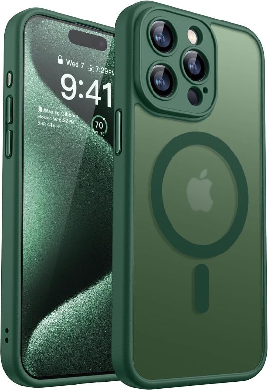 Photo 1 of CANSHN Magnetic Compatible with iPhone 15 Pro Max Case, Upgraded [Full Camera Protection] [Compatible with Magsafe] [Translucent Matte] Shockproof Protective Phone Case Cover 6.7 Inch - Deep Green
