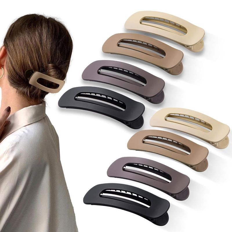 Photo 1 of 8 Pcs Large Lay Flat Claw Clips for Women French Side Slide Barrettes for Thin Fine Hair Rectangle Alligator Hair Accessories,Matte Coffee Khaki Brown Black