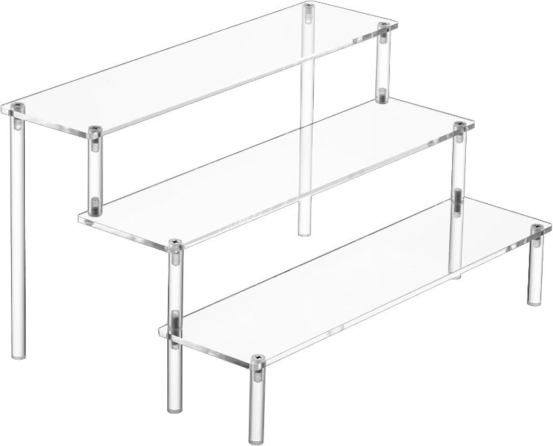 Photo 1 of Large Acrylic Display Risers, Perfume Stand Organizer, Clear Acrylic Shelf Risers for Display Stands for Food, Tabletop Use, Amiibo Funko POP Figure, 3 Tier Clear Cupcake Stand Risers
