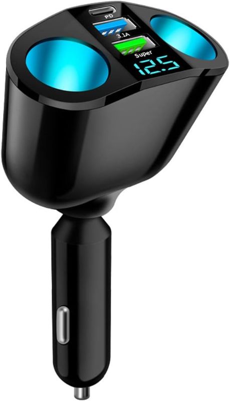 Photo 1 of Car Cigarette Lighter Splitter, 2-Socket Cigarette Lighter Adapter with LED Voltmeter, Dual USB QC3.0 Type-C 20W PD Fast Car Charger, 12V/24V Splitter Adapter for Smart Phone GPS Dash Cam