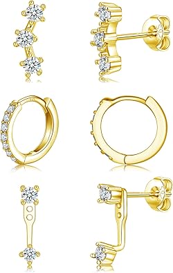Photo 1 of 3 Pairs Gold Hoop Earrings Set Cubic Zirconia Stud Earrings Trendy Small 14K Plated Hypoallergenic Dangle Cartilage Huggie Hoop Earrings Set Gold Jewelry for Women
