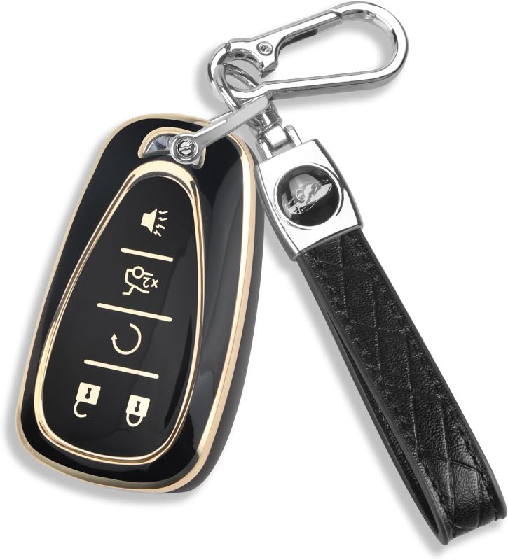 Photo 1 of QBUC for Chevy Key Fob Cover With Keychain Gold Trim Soft TPU Protection Case Compatible with 2016-2025 Chevy Equinox Malibu Camaro Blazer Traverse Trailblazer Trax 5-Buttons(Gold Trim Black)
