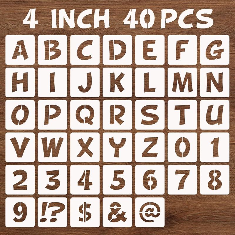 Photo 1 of BAMIDELE 4 Inch Letter and Number Stencils, 40 Pcs Reusable Plastic Alphabet Spray Paint Stencils for Painting on Wood, Wall, Fabric, Rock, Chalkboard, Door Porch, Signage, DIY Craft Decoration
