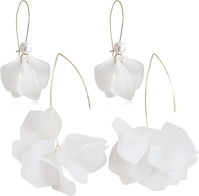 Photo 1 of Boho Rose Petal Dangle Resin Earrings - Long Drop Acrylic Tiered Flower Earrings - Statement Exaggerated Floral Tassel Earrings for Women (White)