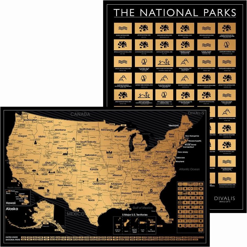 Photo 1 of 2 in 1 Gift Set - Scratch off US Map and 63 National Parks Poster - 24x16 Easy to Frame Scratchable United States of America Posters - Globetrotters Wall Map - Black and Gold Travel Tracker