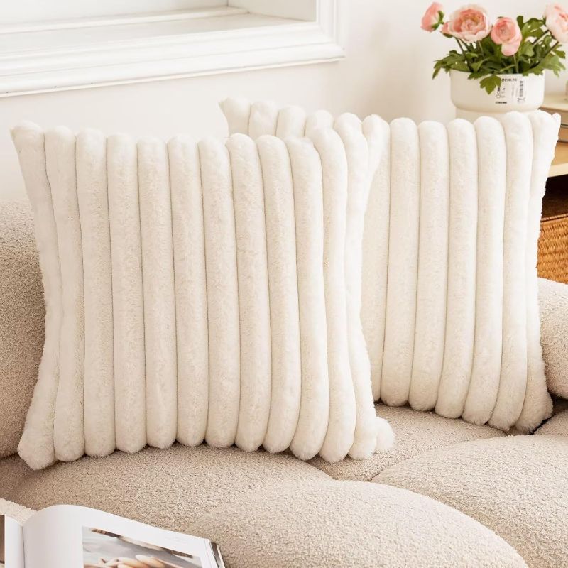 Photo 1 of Double-Sided Faux Fur Plush Throw Pillow Covers 18x18 Set of 2 Fuzzy Striped Soft Cozy Pillowcase Luxury Decorative Pillows Square Shaggy Cushion Covers for Couch Sofa Bed,Cream White
