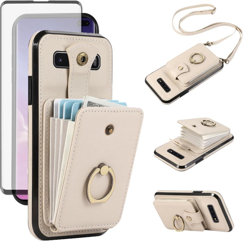 Photo 1 of Asuwish Phone Case for Samsung Galaxy S10 Wallet Cell Cover with Tempered Glass Screen Protector and Crossbody Strap Ring Stand RFID Credit Card Holder S 10 Edge 10S GS10 X10 Women Girls Beige

