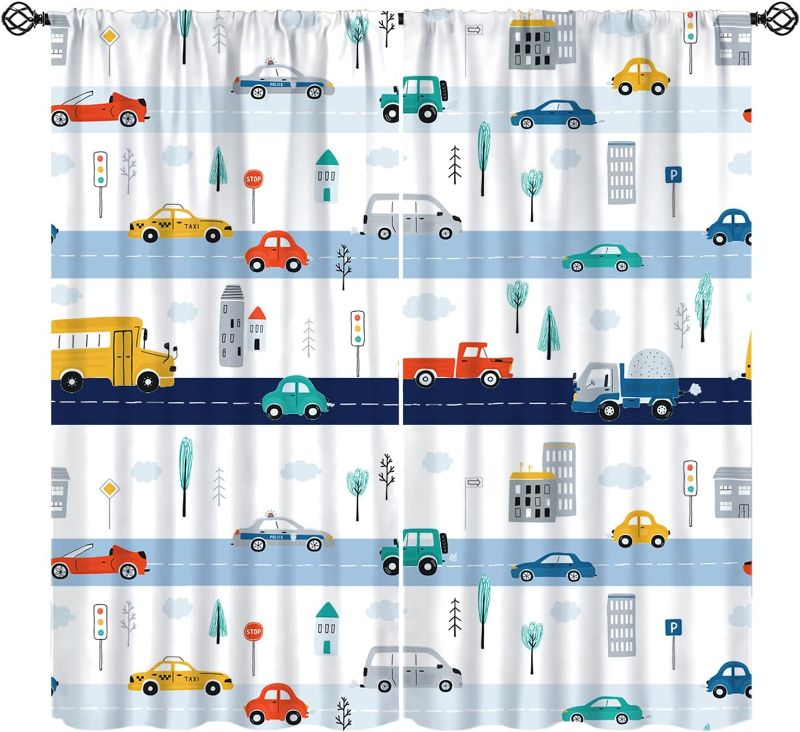 Photo 1 of (1 Panel) Kids Road Construction Window Curtains, Multicolor Set Cars Window Treatments for Boys Bedroom Bus Truck Taxi Cute Traffic Transportation Drapes for Teens...

