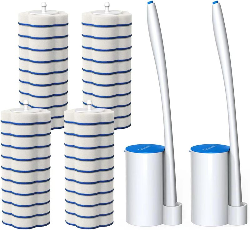 Photo 1 of Disposable Toilet Brush: Toilet Bowl Brush and Holder Set with 24 Wand Refills, Upgraded Handle, 2X Cleaners, Toilet Cleaning System with Storage Caddy for Sink, Bathtub, Floor, Drain (2 Sets, Blue)
