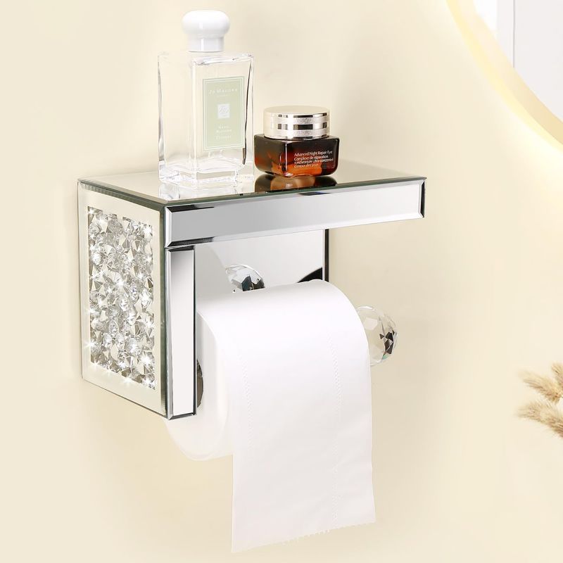 Photo 1 of TACIDON Crystal Crush Diamond Toilet Paper Holder with Mirrored Shelf. Silver Modern Toilet Paper Holder Wall Mounted, Glamorous Mirror Toilet Paper Roll Holder for Bathroom Washroom.
