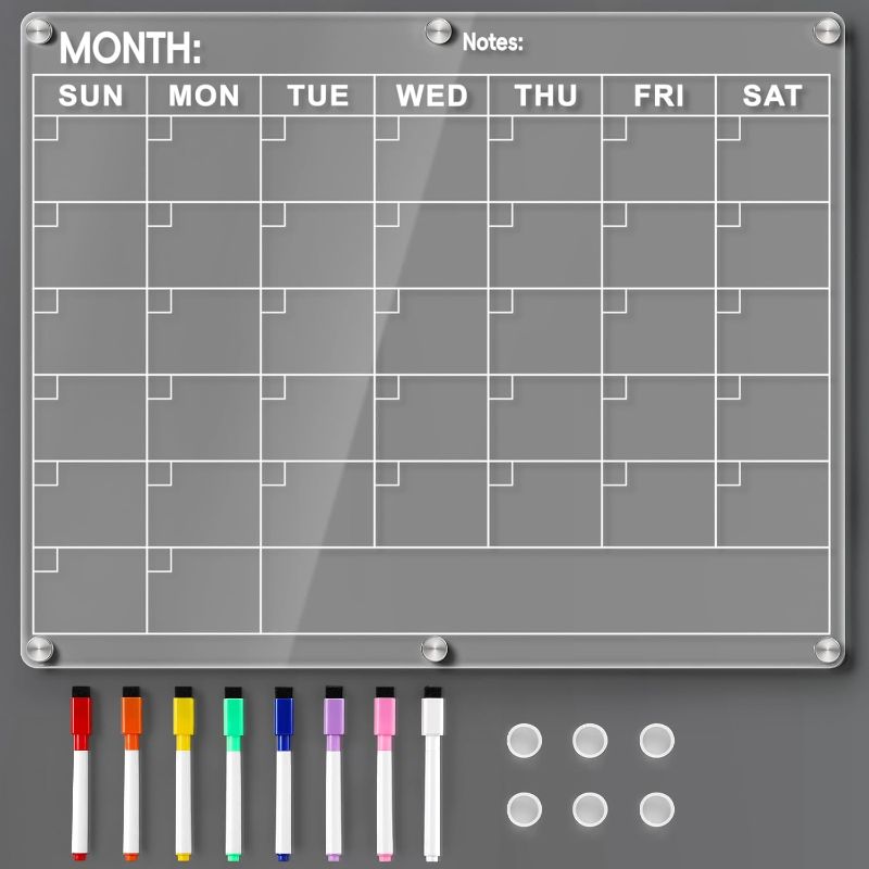 Photo 1 of Acrylic Fridge Calendar, Magnetic Monthly Planner with 8 Color Markers, Clear Dry Erase Board for Events/Meetings/Shopping Lists - 14.5 * 11.5''
