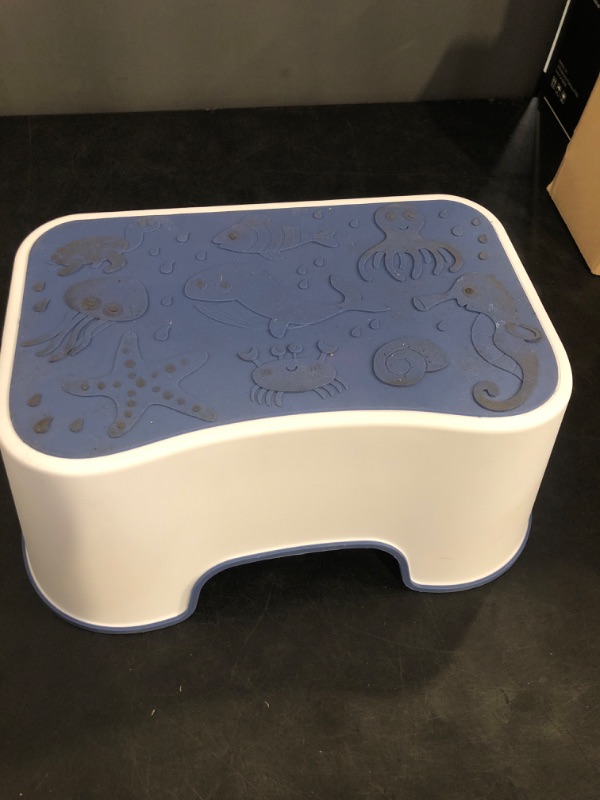 Photo 1 of Step Stool for Kids, Cute Sea Animals Design and Anti-Slip Kids Step Stool with Recessed Handles, Portable Footstool for Kitchen, Bathroom Sink and Toilet Potty Training (Blue)
