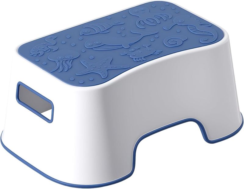 Photo 1 of Step Stool for Kids, Cute Sea Animals Design and Anti-Slip Kids Step Stool with Recessed Handles, Portable Footstool for Kitchen, Bathroom Sink and Toilet Potty Training (Blue)
