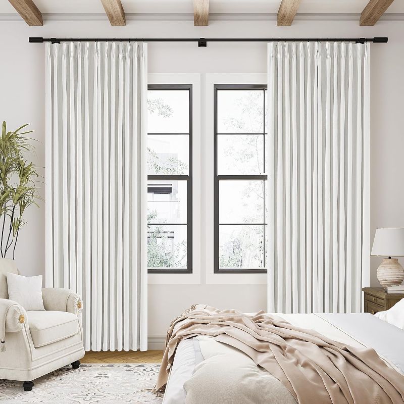 Photo 1 of 90 Inch Linen Blackout Curtains Pinch Pleated for Living Room Thermal Noise Reduction Two Layer 100% Black Out Curtains with Liner Back Tab Pinch Pleat Rings Hooks Window Drapes Track Ivory
